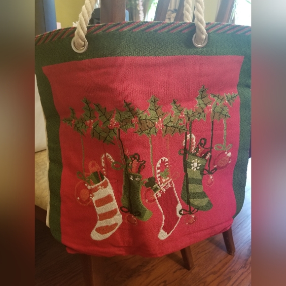 Holiday Christmas Tote Bag Shopping Embroidered Stockings Design Rope Handles - Picture 2 of 5